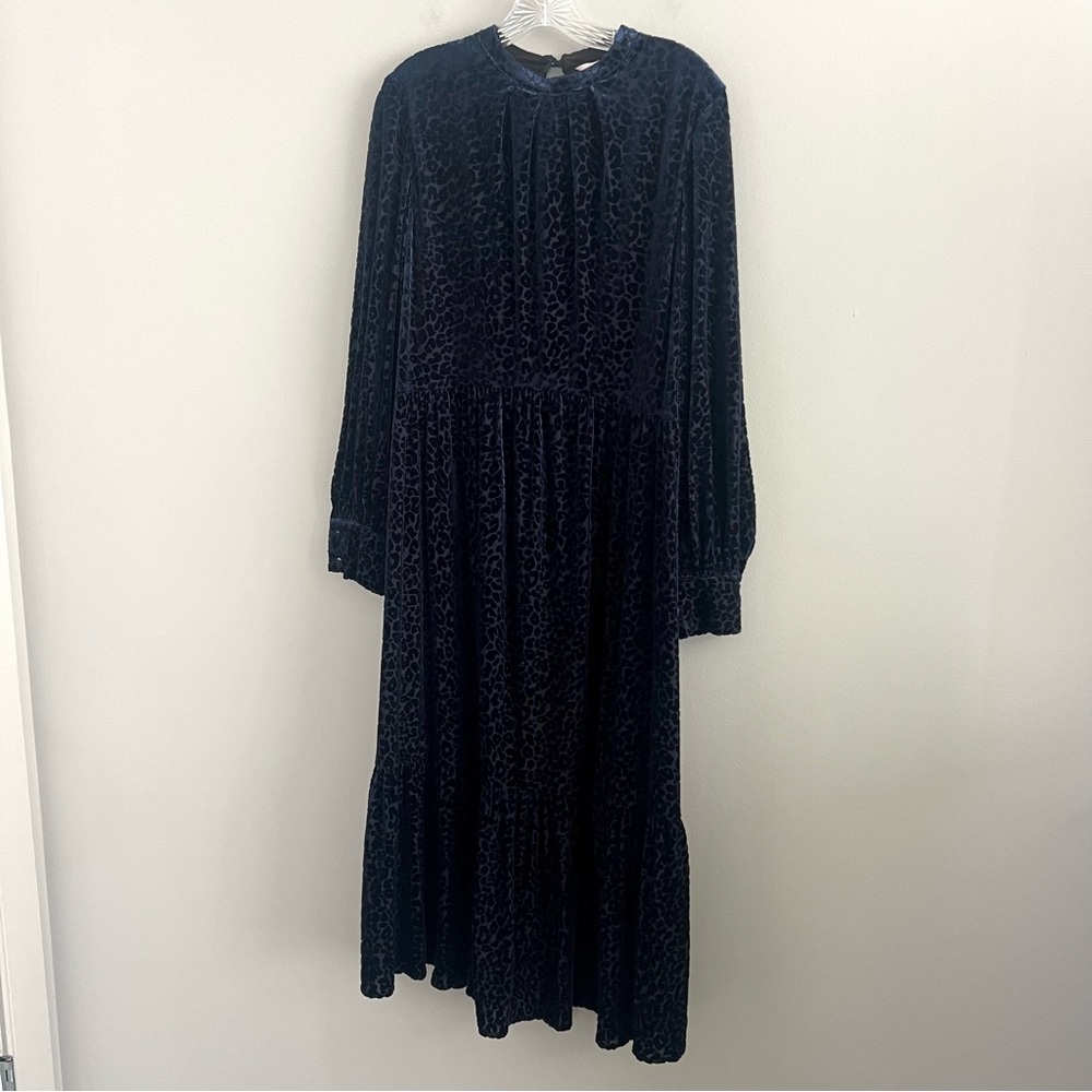 Crosby by Mollie Burch Navy Blue Velvet Leopard Print Long Sleeve Midi Dress M